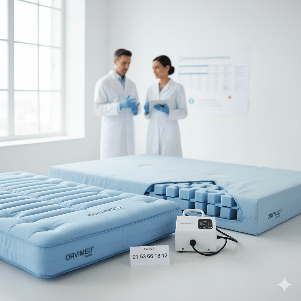 Matelas anti-escarre à mémoire de forme haute densité pour lit médicalisé, livré par Orvimed en Île-de-France. Contactez le 01 53 66 18 12.