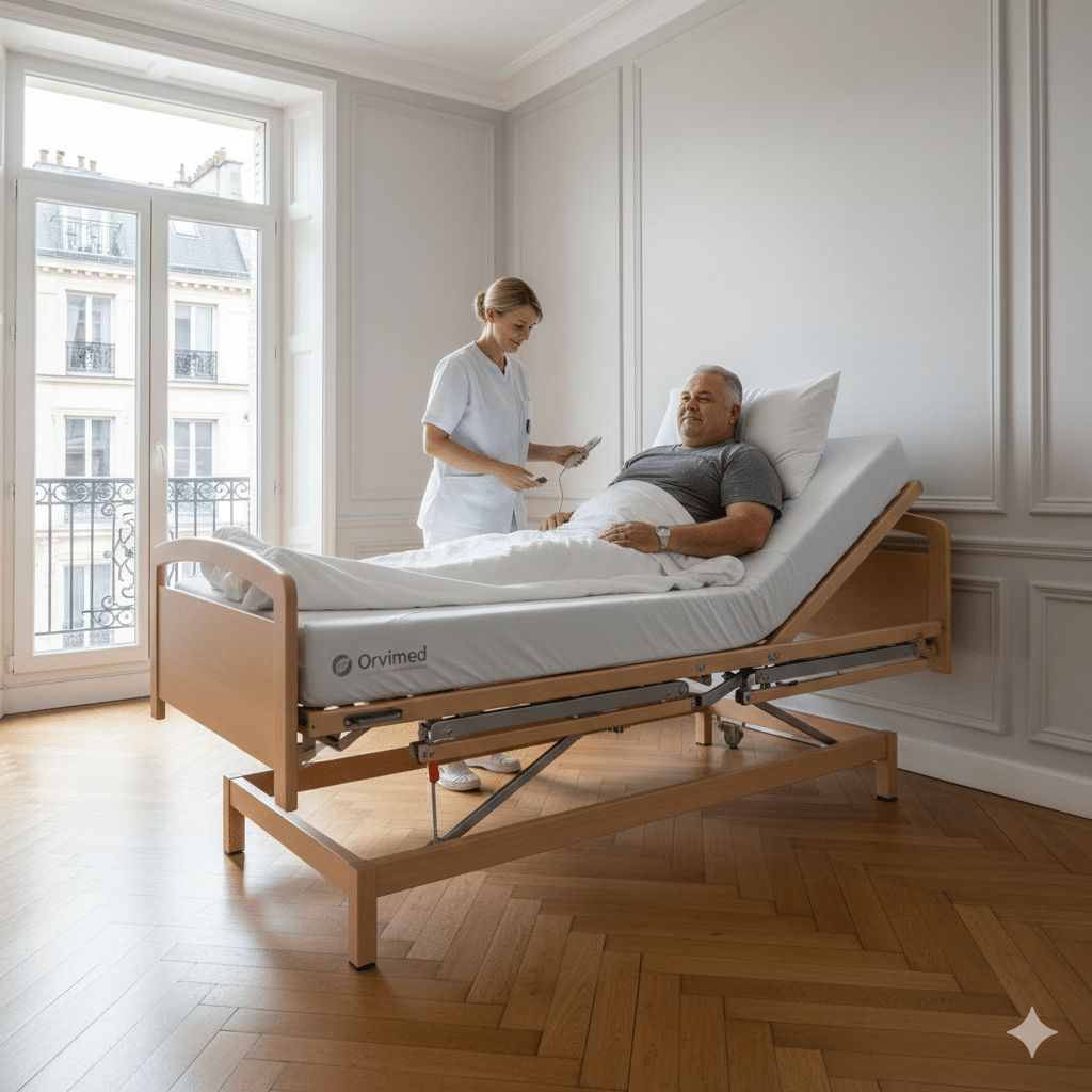 Lit médicalisé XXL bariatrique à sommier large installé par Orvimed pour le confort des personnes à forte corpulence.