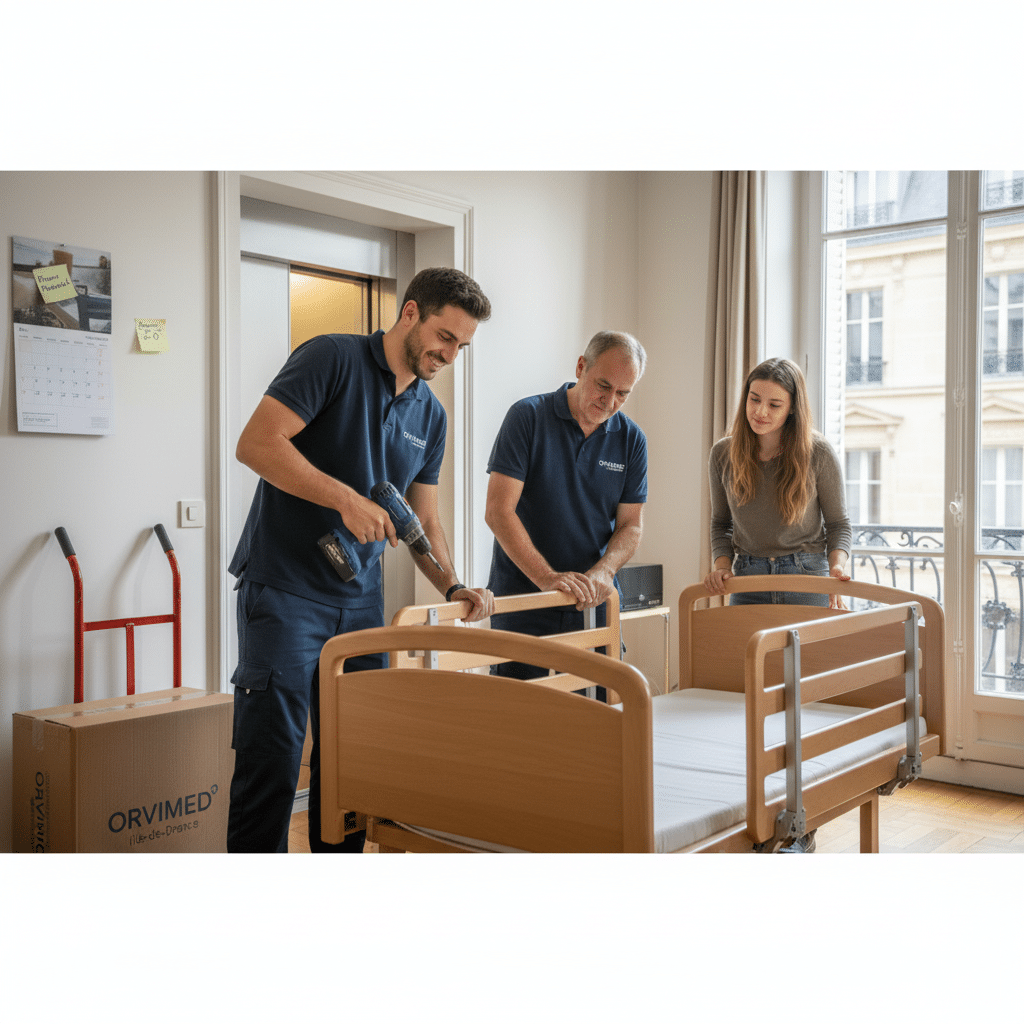 Technicien Orvimed installant un lit médicalisé en urgence pour une sortie d'hospitalisation rapide en Île-de-France.