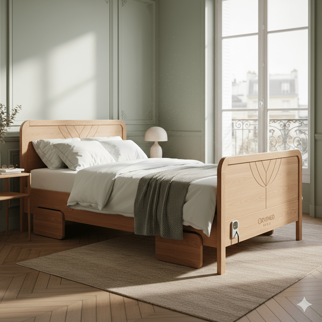 Lit médicalisé avec habillage en bois de hêtre installé dans une chambre élégante par Orvimed, joignable au 01 53 66 18 12.