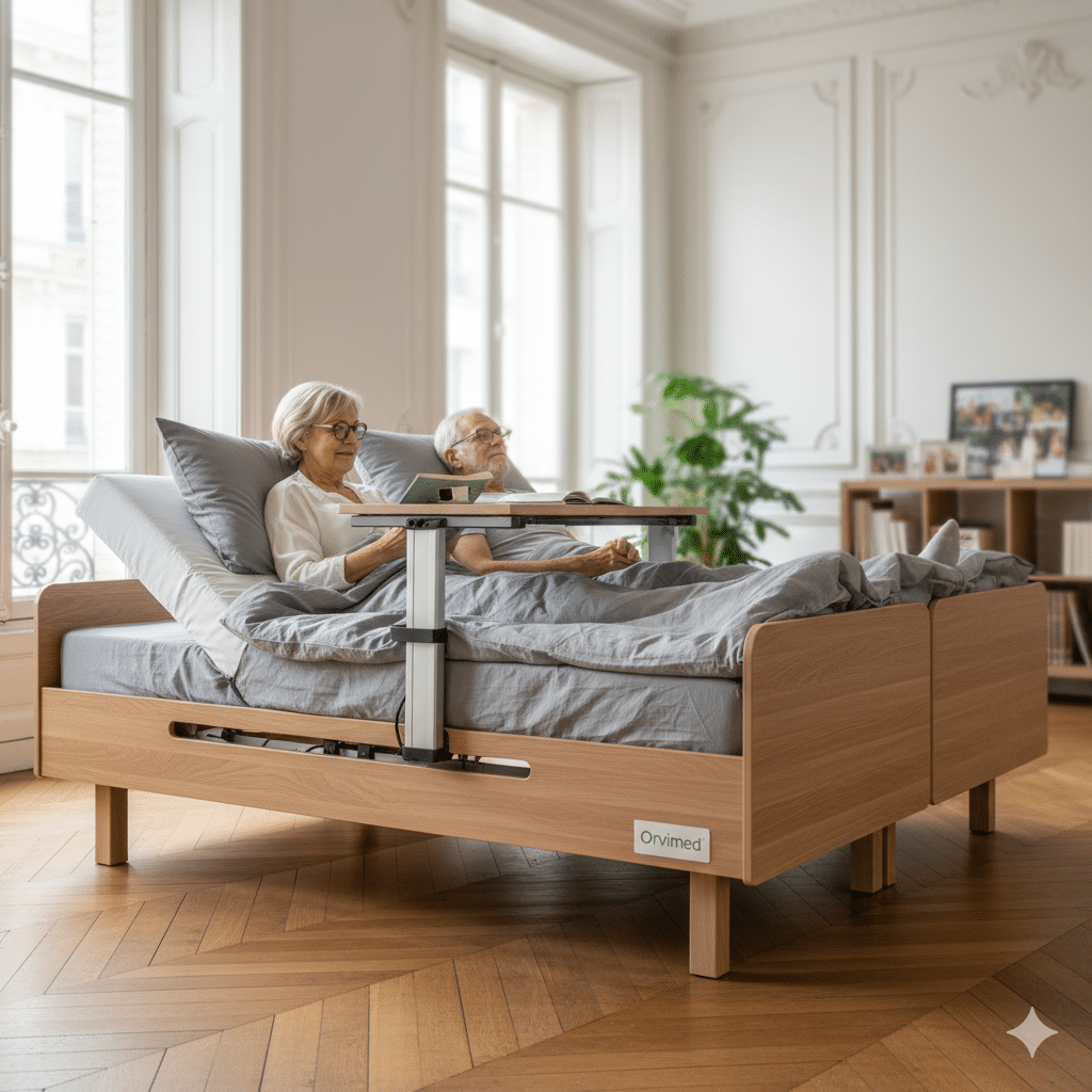 Lit médicalisé double : la solution confort pour les couples L’installation d’un lit médicalisé double est la solution idéale pour les conjoints qui souhaitent continuer à partager leurs nuits malgré les contraintes de santé de l’un d’entre eux. En Île-de-France, Orvimed accompagne les couples pour maintenir cette précieuse intimité tout en garantissant un soin de haute technicité. Pourquoi choisir un lit médicalisé double à domicile ? Le lit médicalisé double permet de conserver un environnement de sommeil partagé sans sacrifier l'autonomie. Contrairement à deux lits simples juxtaposés, ce modèle offre une esthétique soignée et une harmonie dans la chambre à coucher. C'est un choix majeur pour le bien-être psychologique des seniors et des personnes en situation de handicap. Les caractéristiques techniques du confort partagé Un lit médicalisé double de qualité (comme ceux proposés par les marques Winncare ou Invacare) dispose de deux sommiers motorisés indépendants. Cela signifie que : Le conjoint nécessitant des soins peut ajuster son relève-buste ou ses jambes sans déranger l'autre. La hauteur variable peut être synchronisée pour faciliter le lever ou le coucher simultané. Chaque utilisateur bénéficie d'un matelas adapté à sa propre morphologie. À noter : Le choix entre un modèle simple, XXL ou pour couple dépend de votre pathologie et de la configuration de votre logement. Pour un comparatif complet, consultez notre guide sur le lit médicalisé Île-de-France. Remboursement et prix : ce qu'il faut savoir Si le lit médicalisé double représente un investissement plus important, une partie peut être prise en charge par la Sécurité Sociale sur la base d'un lit simple standard. Pour le reste à charge, il est conseillé de se rapprocher de sa mutuelle ou de consulter les aides disponibles sur le site de la CNSA (Caisse Nationale de Solidarité pour l'Autonomie). Chez Orvimed, nous réalisons une étude personnalisée pour optimiser votre financement et vous proposer les meilleures options de lit médicalisé double en Île-de-France. Pour comprendre tous les détails de l'installation et de la maintenance de ces modèles spécifiques, n'hésitez pas à lire notre article pilier : lit médicalisé Île-de-France.