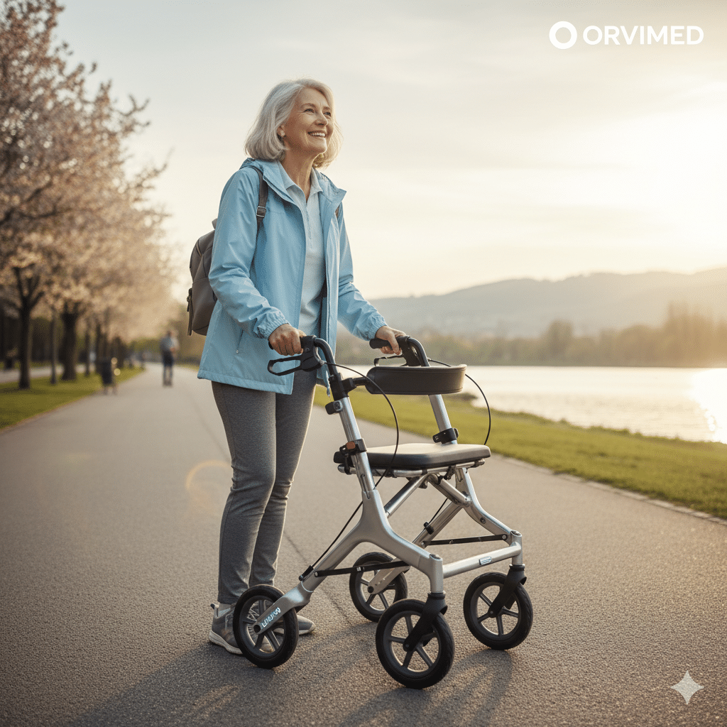 Femme senior souriante utilisant un rollator moderne en aluminium lors d'une promenade en extérieur au bord de l'eau, illustrant la liberté de mouvement.