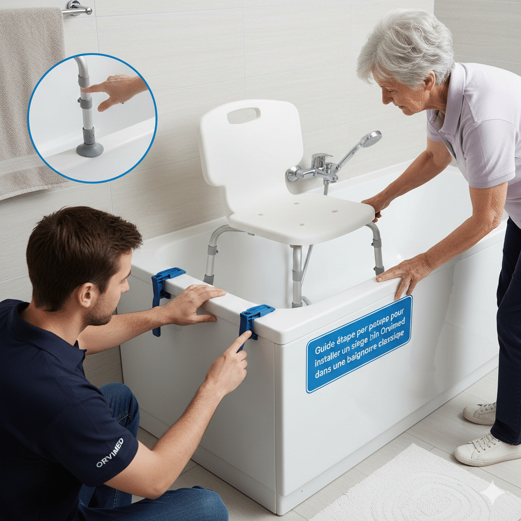 Guide illustré pour installer un siège de bain Orvimed en toute sécurité dans une baignoire classique avec l'aide d'un professionnel.