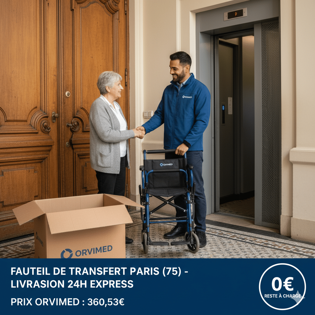 Livreur Orvimed livrant un fauteuil de transfert ultra léger pliable à une cliente dans un immeuble parisien avec ascenseur. Mention 0€ de reste à charge et prix 360,53€.