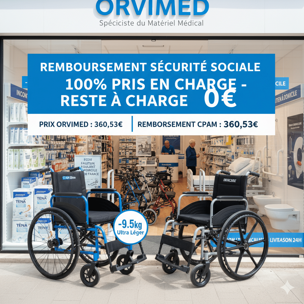 Fauteuils de transfert ultra légers Stan et Invacare devant la boutique Orvimed en Île-de-France, affichant un prix de 360,53€ et un remboursement CPAM intégral de 360,53€ pour un reste à charge de 0€.