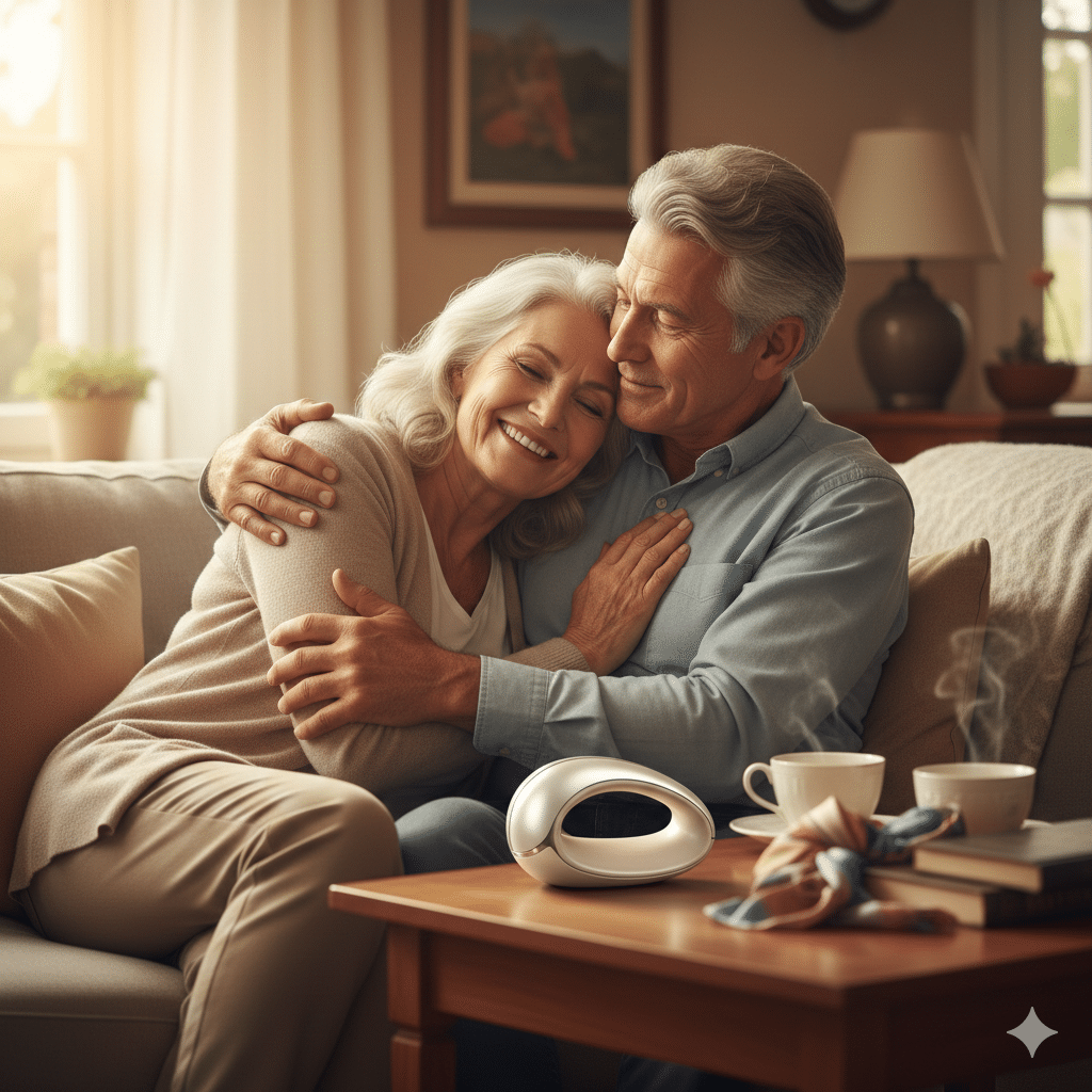 Couple de seniors complices et souriants dans un salon, illustrant le plaisir et la vie intime épanouie après 60 ans.