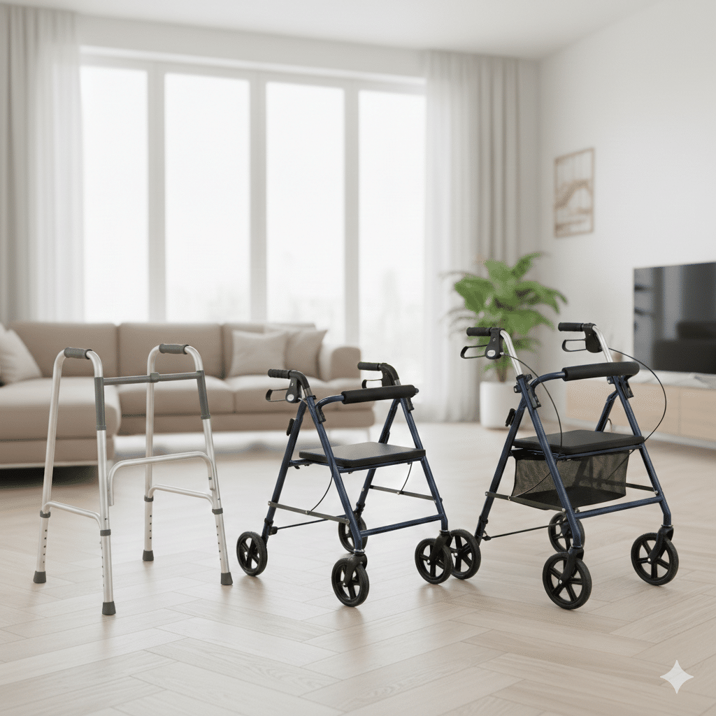 Comparaison visuelle de trois dispositifs : un cadre de marche fixe en aluminium, un déambulateur à 2 roues et un rollator à 4 roues avec assise.