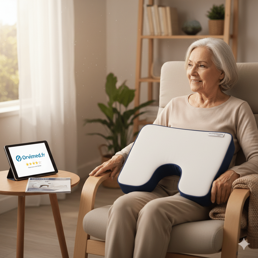Femme senior assise confortablement avec un coussin anti-escarre Viscoflex Systam pour soulager les douleurs au coccyx.