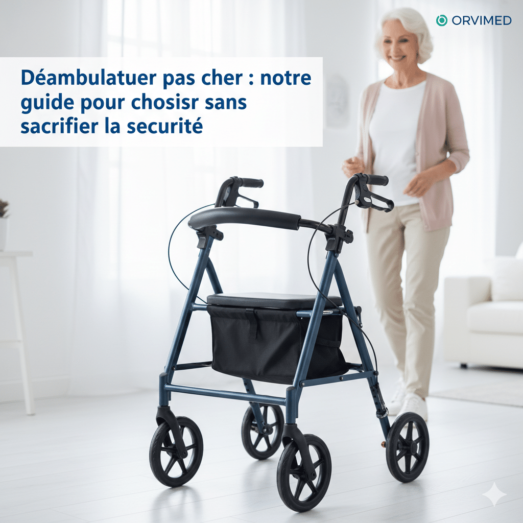Déambulateur 4 roues bleu avec assise et panier, modèle au meilleur rapport qualité-prix présenté par Orvimed.