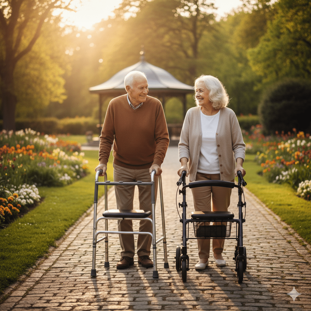 omparatif visuel montrant la différence entre un rollator à roues et un déambulateur fixe utilisé par un couple de seniors dans un parc.