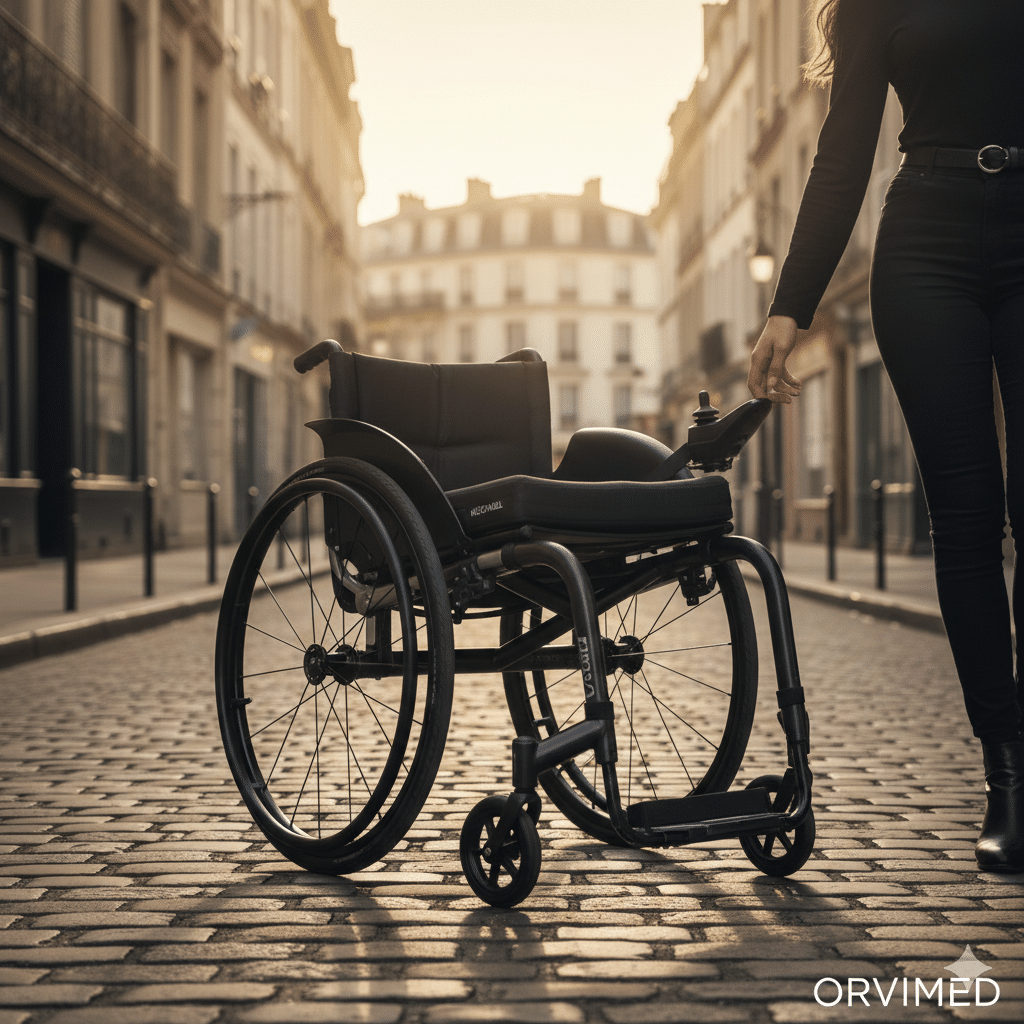 Fauteuil roulant actif Küschall Champion 2.0 pliable en aluminium noir sur une rue pavée, idéal pour la mobilité urbaine dans le Val-de-Marne avec Orvimed.