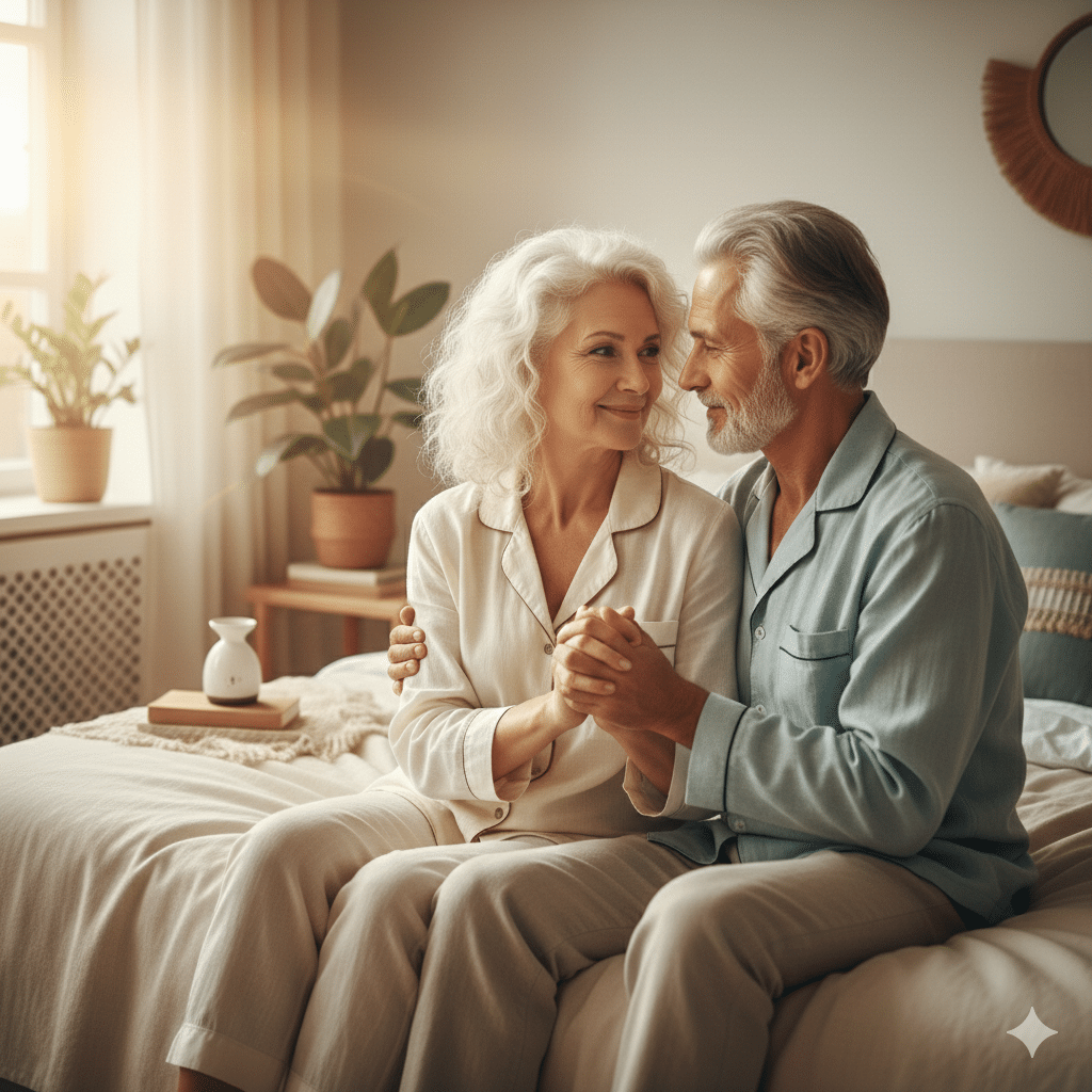 Couple senior complice assis sur un lit se tenant les mains, illustrant l'intimité senior et le bien-être émotionnel.