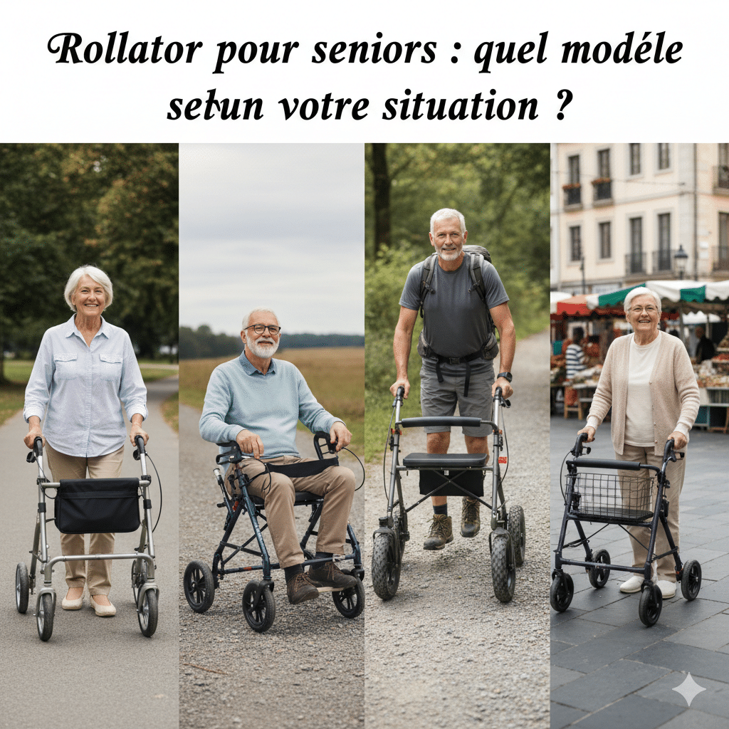 Comparatif de différents modèles de rollator pour seniors : déambulateur 4 roues pour la ville, modèle tout-terrain pour l'extérieur et rollator léger avec siège pour le repos.