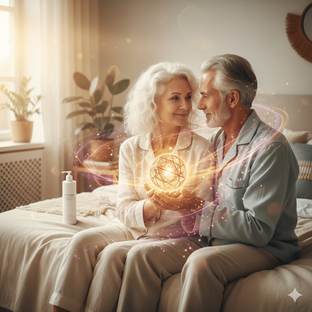 Couple senior bienveillant illustrant l'équilibre hormonal et l'intimité lors de la ménopause.