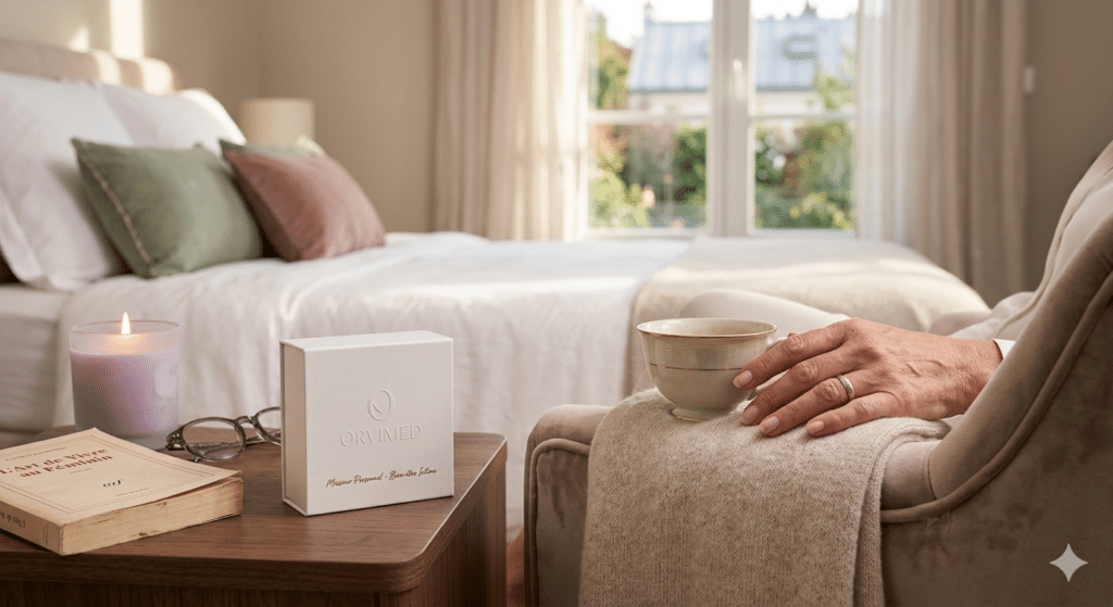 Ambiance de chambre sereine avec une boîte élégante Orvimed sur une table de chevet, illustrant le bien-être intime chez les seniors.