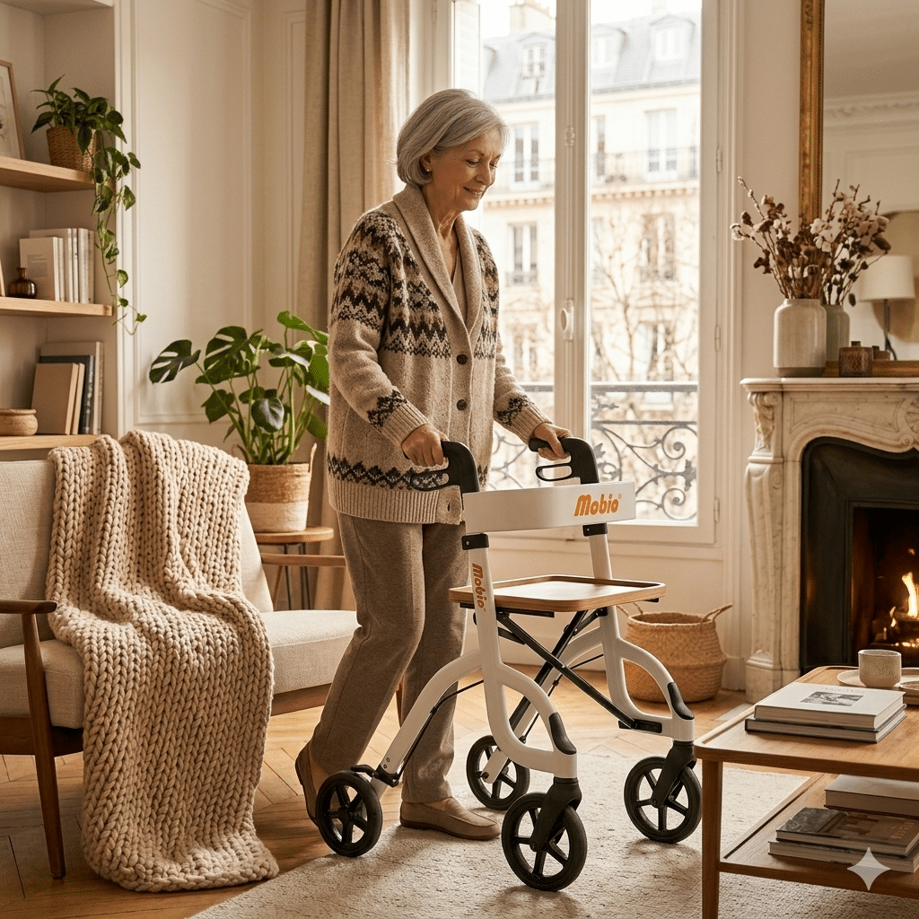 Femme senior utilisant un rollator d'intérieur Mobio blanc avec plateau en bois dans un salon haussmannien avec cheminée en hiver.