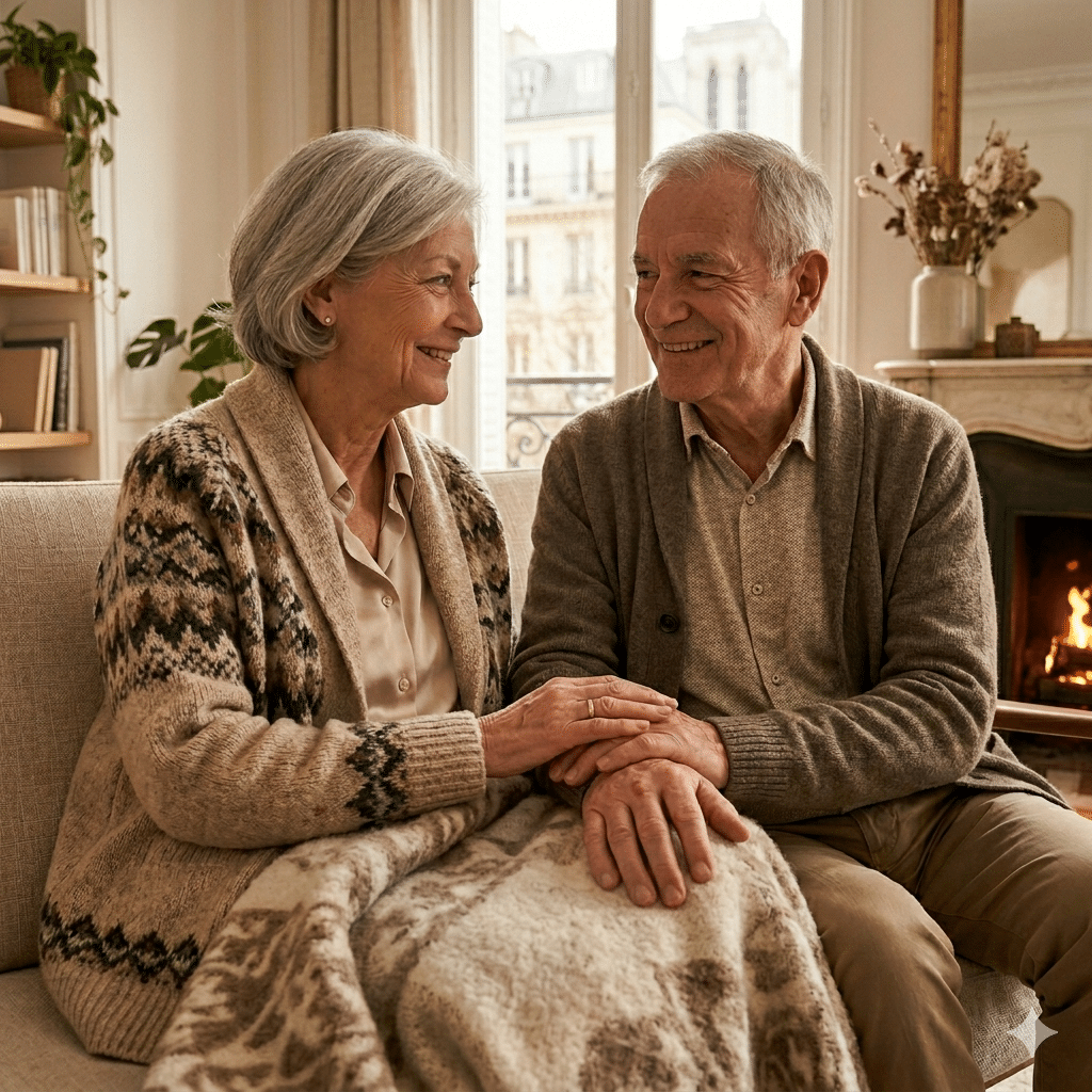 Un couple de seniors élégants et complices assis sur un canapé, se tenant la main et souriant affectueusement dans un intérieur chaleureux avec cheminée, illustration de l'épanouissement et du bien-être pour seniors.
