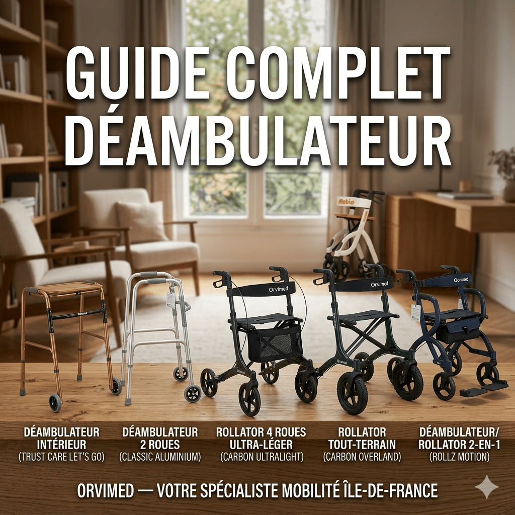 Infographie comparative des déambulateurs 2026 : modèle d'intérieur, 2 roues, ultra-léger carbone, tout-terrain et 2-en-1 par Orvimed.