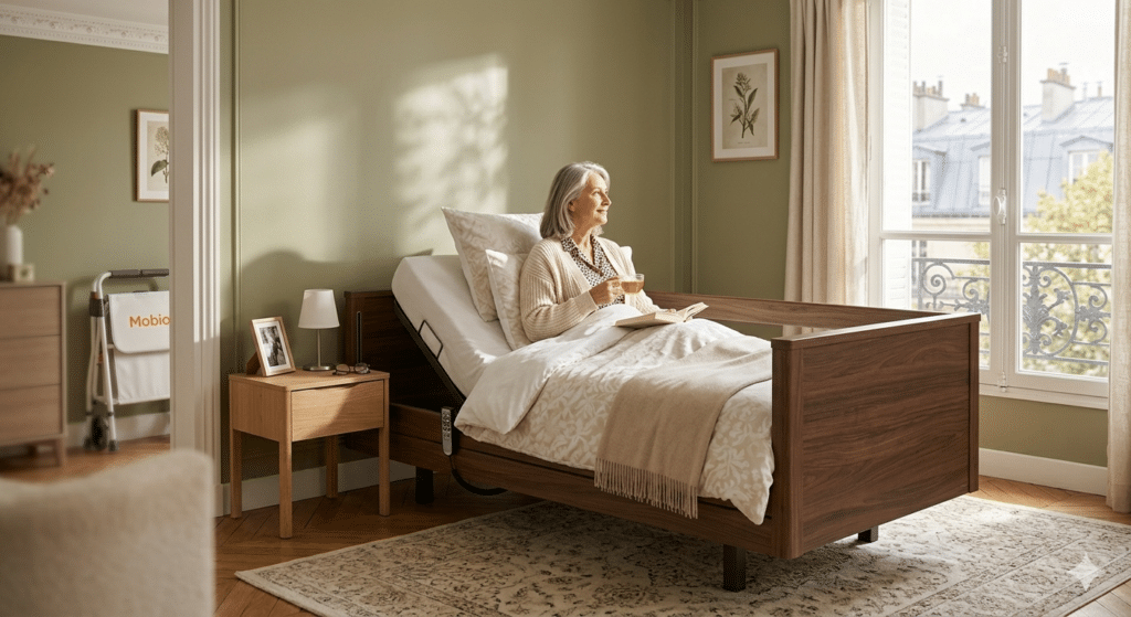 Femme senior dans un lit médicalisé design en bois avec relève-buste électrique, éligible au remboursement Sécurité sociale, dans une chambre élégante.