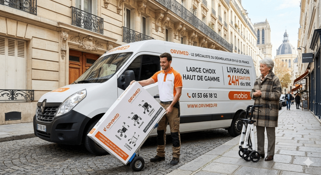 Camion de livraison Orvimed à Paris livrant un déambulateur Mobio haut de gamme à une cliente senior, service de livraison 24h en Île-de-France.