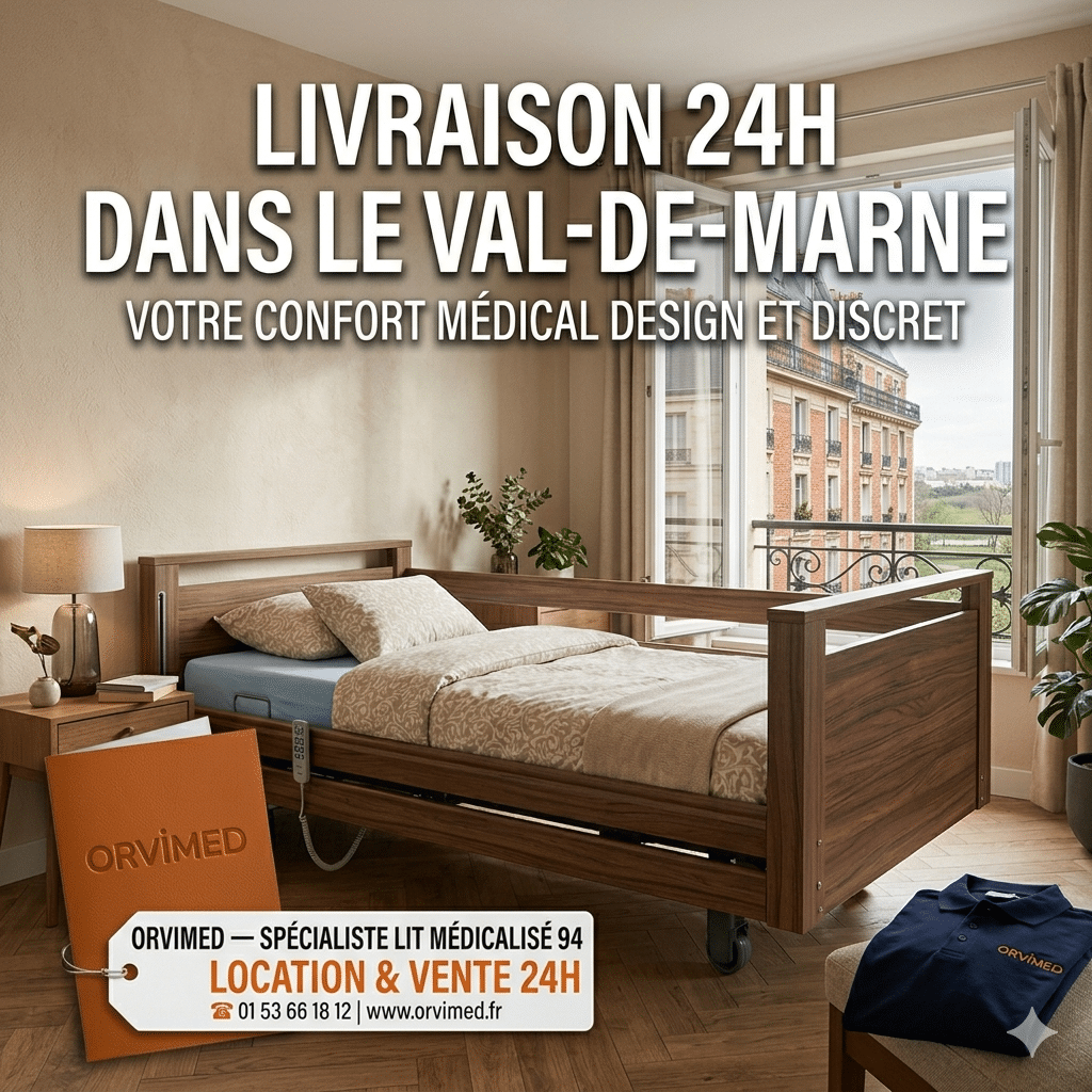 Chambre avec lit médicalisé électrique en bois installé par Orvimed dans le Val-de-Marne, incluant matelas anti-escarres et barrières de sécurité.