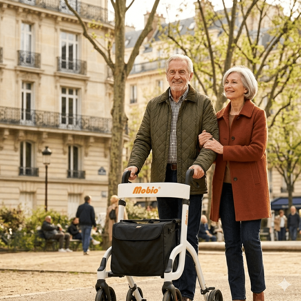 Couple de seniors actifs utilisant un rollator Mobio 4 roues au design élégant dans un quartier parisien, expertise Mobio France par Orvimed.