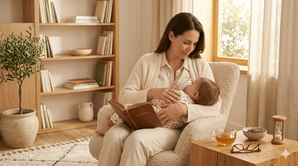 Une maman assise confortablement dans un fauteuil en laine bouclée, allaitant son bébé tout en lisant un livre. Ambiance de chambre zen et lumineuse avec des plantes et de la lumière naturelle, illustrant le temps d'allaiter.