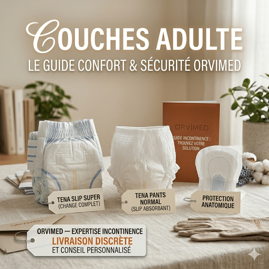 Comparatif de protections pour l’incontinence adulte : Change complet, Pants et protections anatomiques posés sur un linge propre.