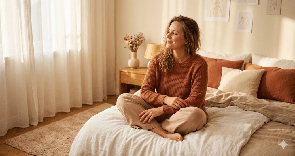 Femme épanouie et sereine dans un intérieur chaleureux, illustrant le bien-être intime féminin et la connaissance de son corps.