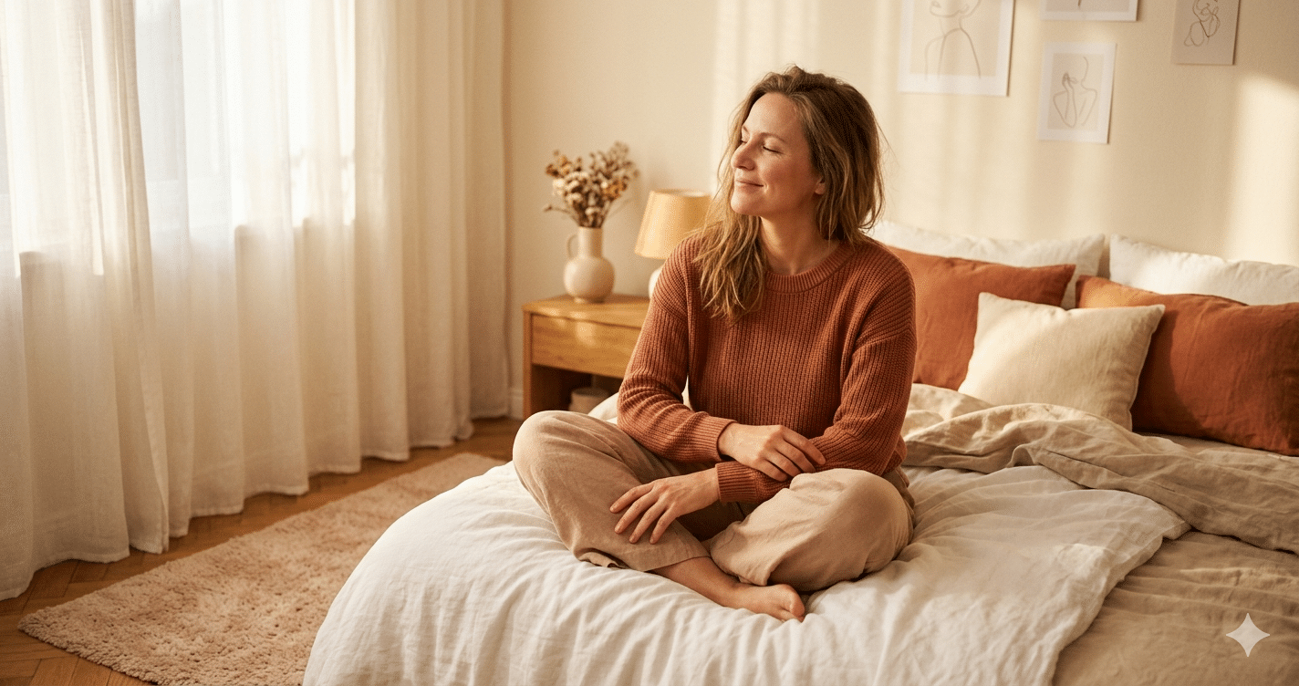 Femme épanouie et sereine dans un intérieur chaleureux, illustrant le bien-être intime féminin et la connaissance de son corps.