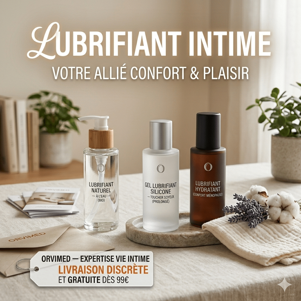 Infographie comparative de trois gels lubrifiants intimes Orvimed : Naturel à l'eau (Bio), Silicone (Toucher Soyeux Prolongé) et Hydratant (Confort Ménopause). Présentation discrète et élégante.