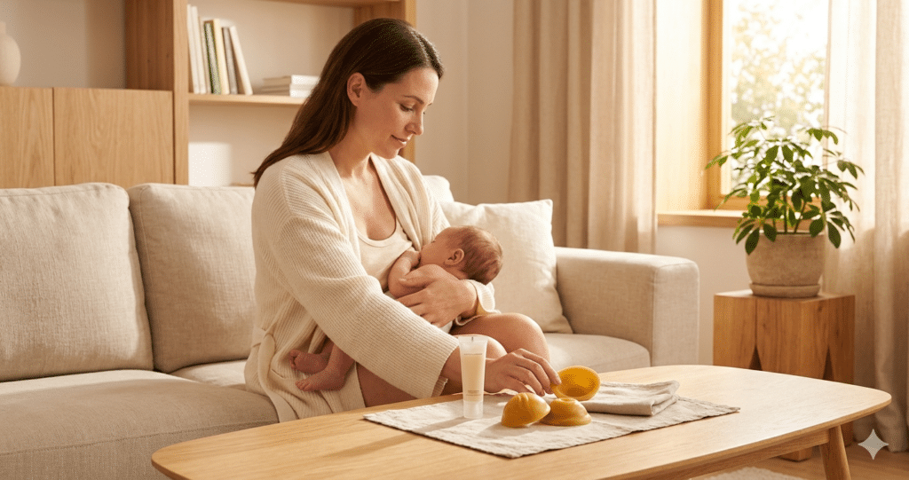 Maman allaitante soulagée avec baume protecteur et coques d'allaitement Melicare — solutions naturelles pour mamelons douloureux