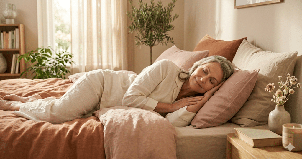 Femme épanouie et sereine dans un intérieur chaleureux, illustrant le bien-être et la plénitude de l'orgasme féminin.