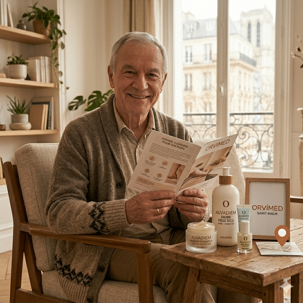 Un client senior souriant consultant un guide de soins Alvadiem dans le showroom Orvimed à Saint-Maur-des-Fossés. Sur la table : Onguent réparateur, Baume pieds secs 500ml et soin ongles Alvadiem.