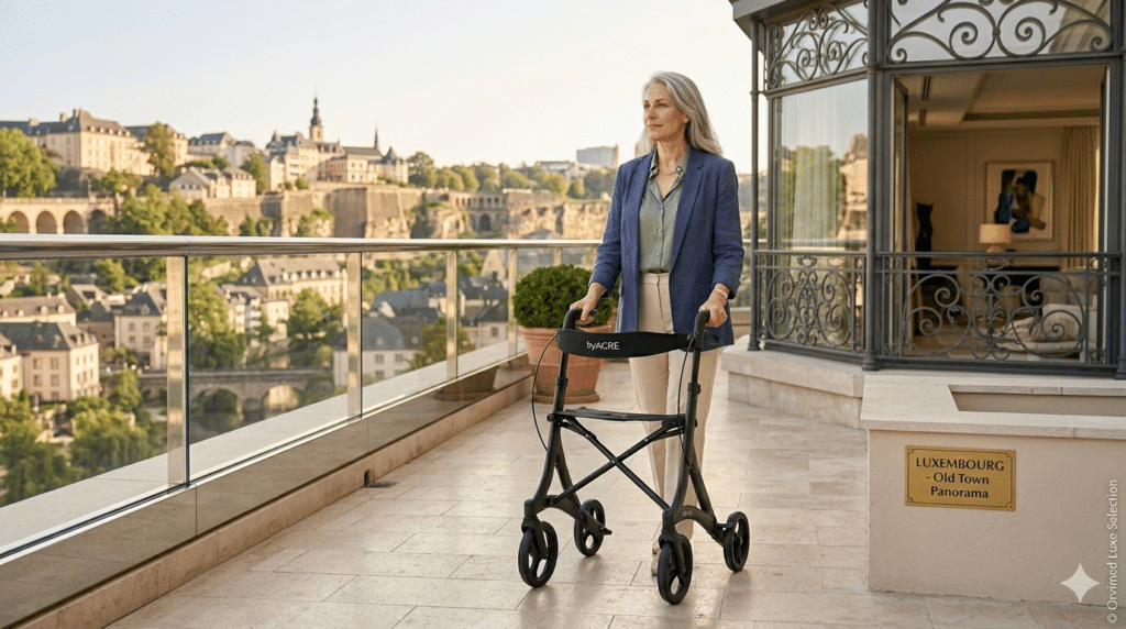 Rollator Carbon Ultralight byACRE sur fond de la vieille ville de Luxembourg-Ville et ses vallées, déambulateur haut de gamme livré au Luxembourg par Orvimed.