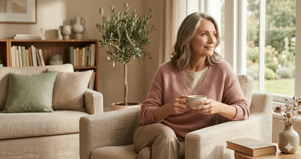 Femme senior sereine et épanouie dans un intérieur chaleureux, illustrant le bien-être intime féminin après la ménopause.