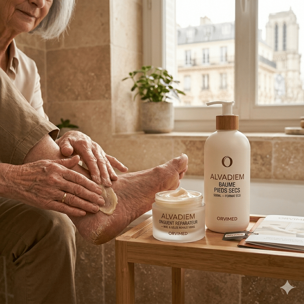 Application de l'onguent réparateur Alvadiem sur un pied sec et crevassé. À côté, le baume pieds secs Alvadiem format 500ml sur une table en bois dans une salle de bain lumineuse.