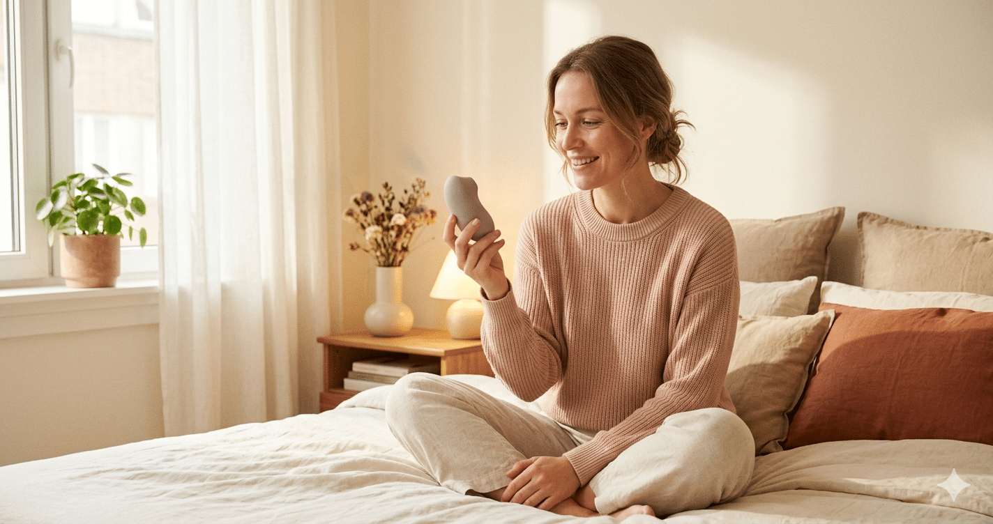 Femme débutante tenant un stimulateur clitoridien avec curiosité et sérénité, illustrant le guide d'achat Orvimed pour une première fois.