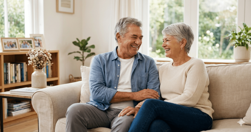 Homme senior souriant et épanoui, symbolisant la prise en charge des troubles de l'érection après 60 ans pour une vie intime sereine.