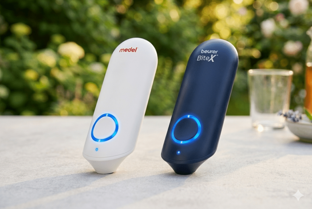 Appareil anti-piqûres d'insectes par chaleur sans chimie Medel et Beurer BR-90 posés sur une table de jardin en été, solution naturelle contre les piqûres de moustiques.