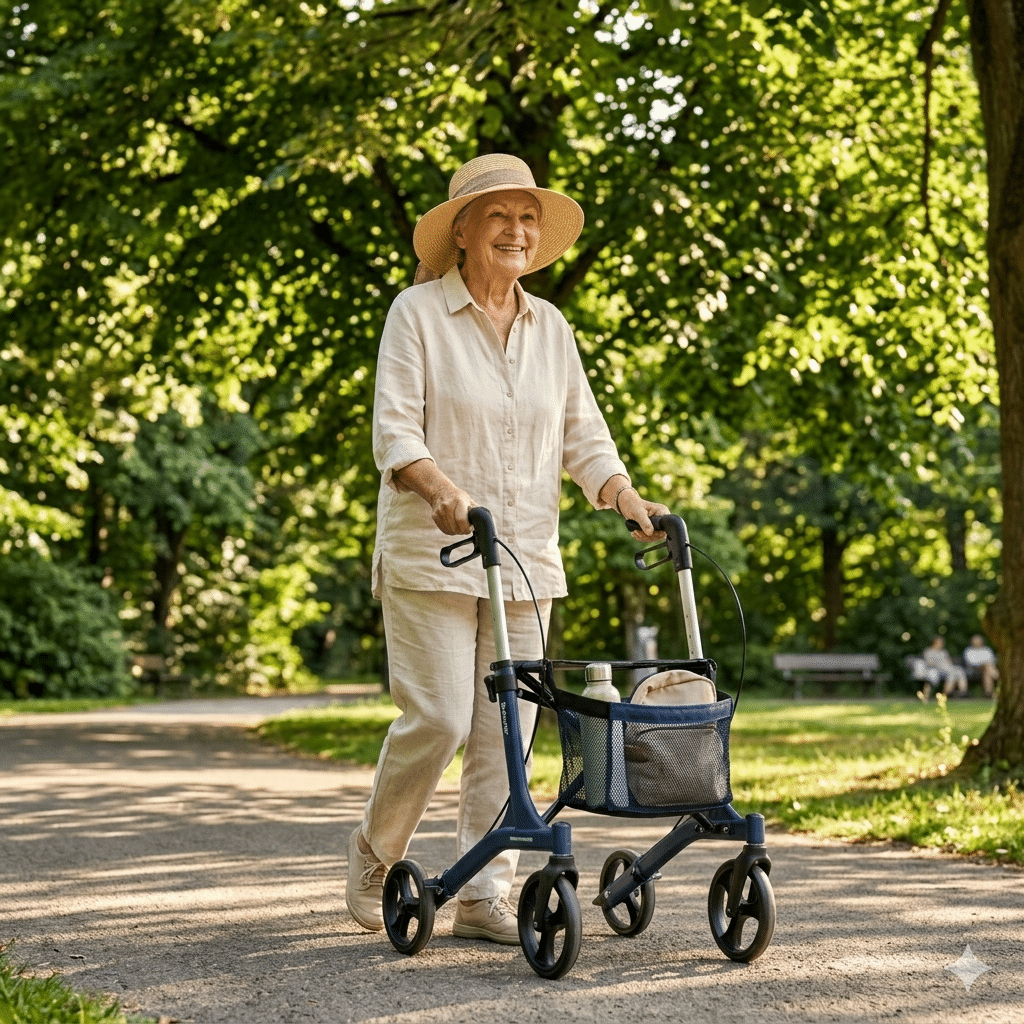 Senior souriant en promenade extérieure par beau temps avec un rollator léger, chapeau de paille et tenue claire, dans un parc ombragé en été.