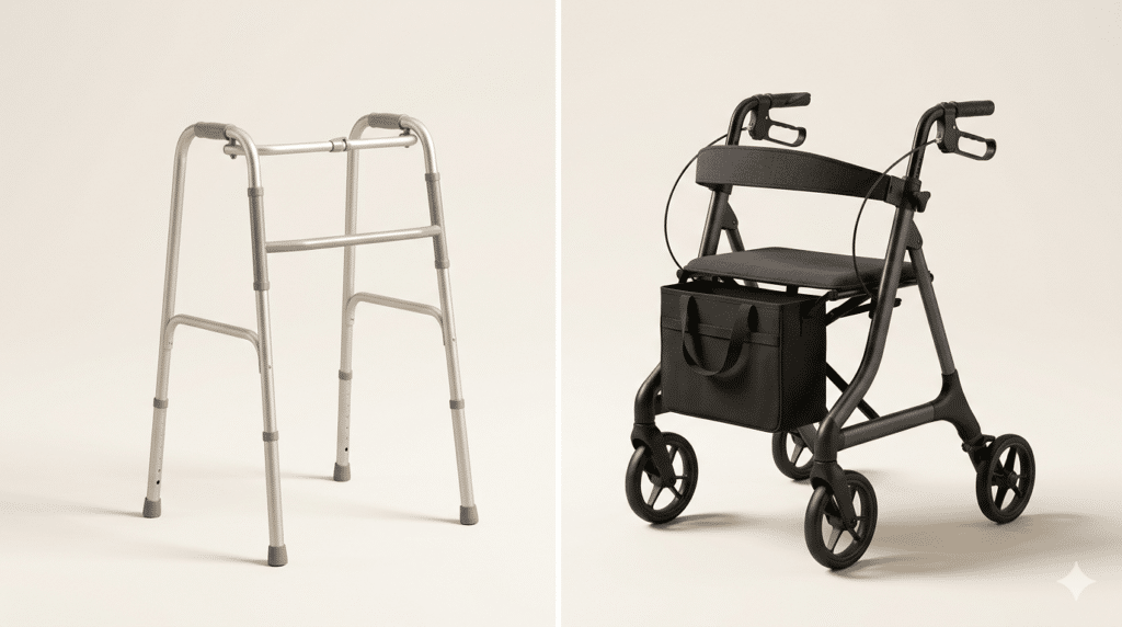 Choisir un déambulateur ou rollator — comparatif cadre de marche fixe et rollator 4 roues élégant, conseils Orvimed