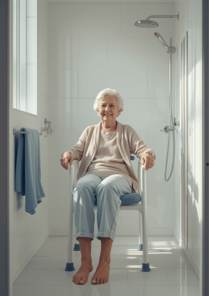 Personne âgée souriante assise sur une chaise de douche dans une salle de bain lumineuse, se rafraîchissant en sécurité pendant une période de canicule.