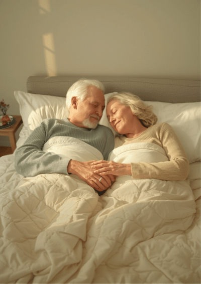 Couple senior tendre et complice illustrant un article sur la sexualité et les fuites urinaires